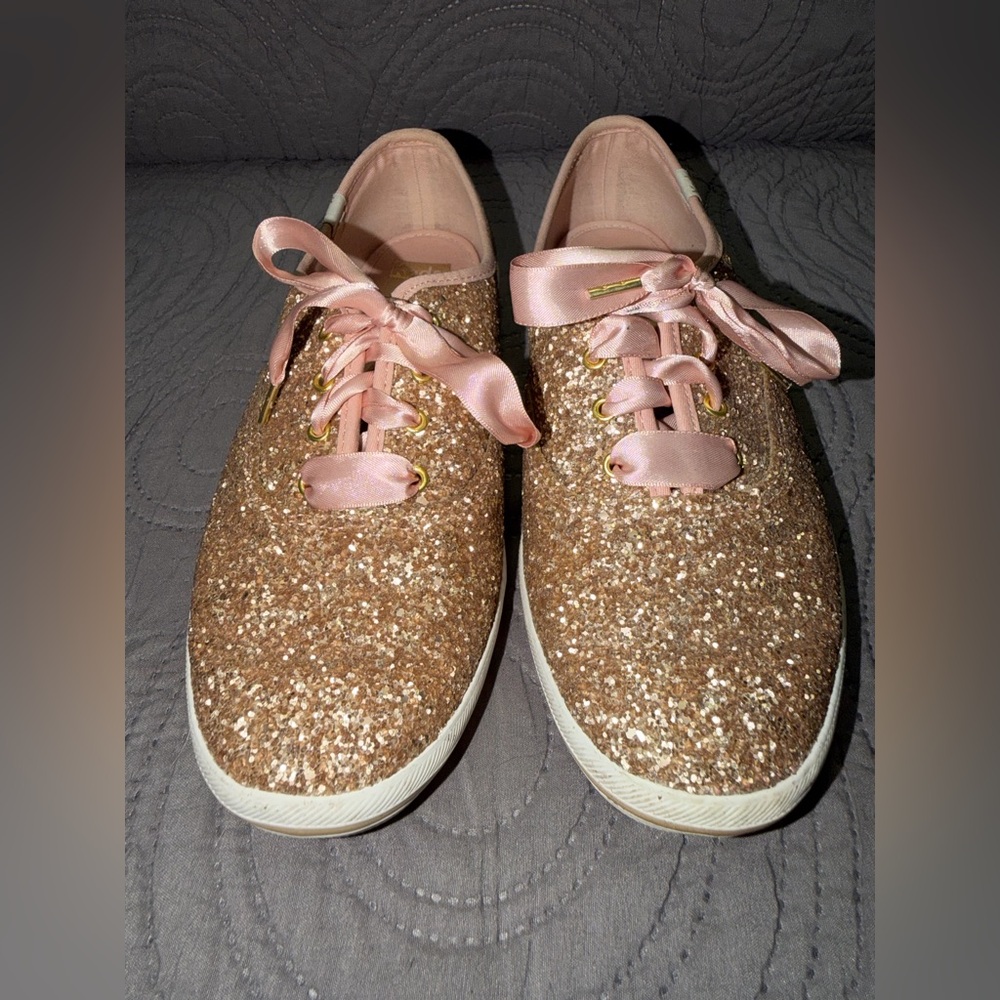Kate Spade x Keds Gold Glitter Sneakers Pink Satin Ribbon Laces Size 9